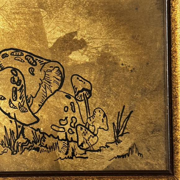 Mushrooms Gold Tin Foil Sketch Art Country Farm Wood Framed Vintage Retro Decor - Picture 5 of 11
